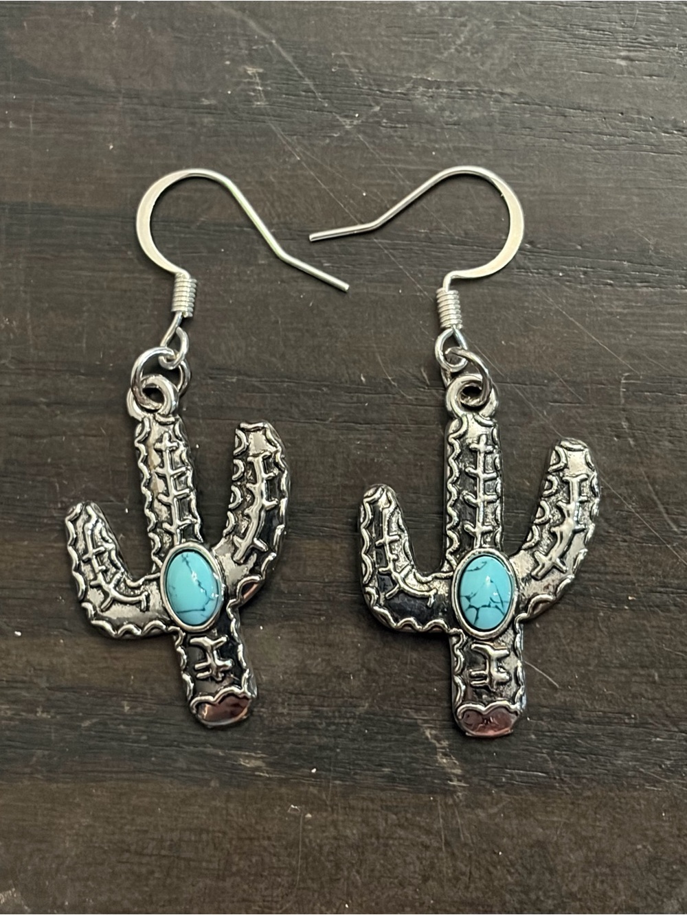 Silver-Tone Cactus Dangle Earrings with Turquoise Accents - Women Jewelry